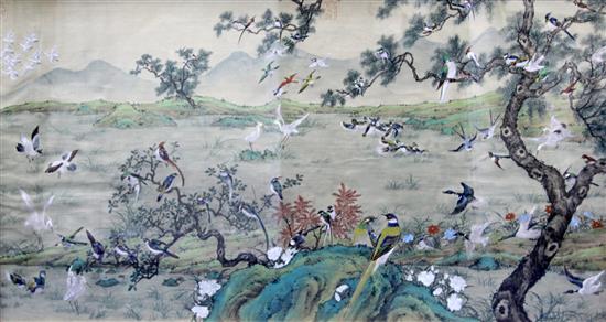 A large Chinese painting on silk in the hundred bird design, 20th century, 54 x 124cm excl. brocade covered frame